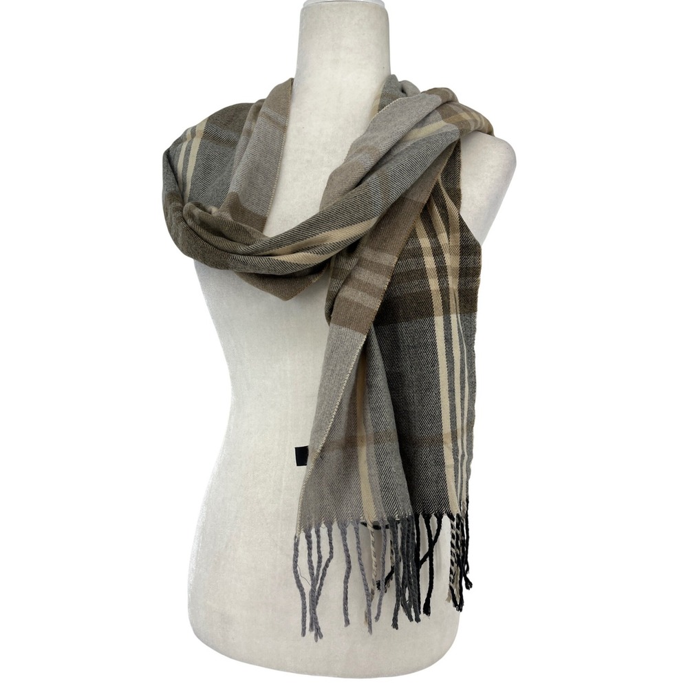 Croft & Barrow Mens Plaid Scarf Grey Tan Cream Acrylic Fringe Tassel 12 x 64
